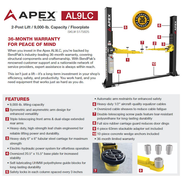 APEX AL9LC Floorplate Two Post Car Lift