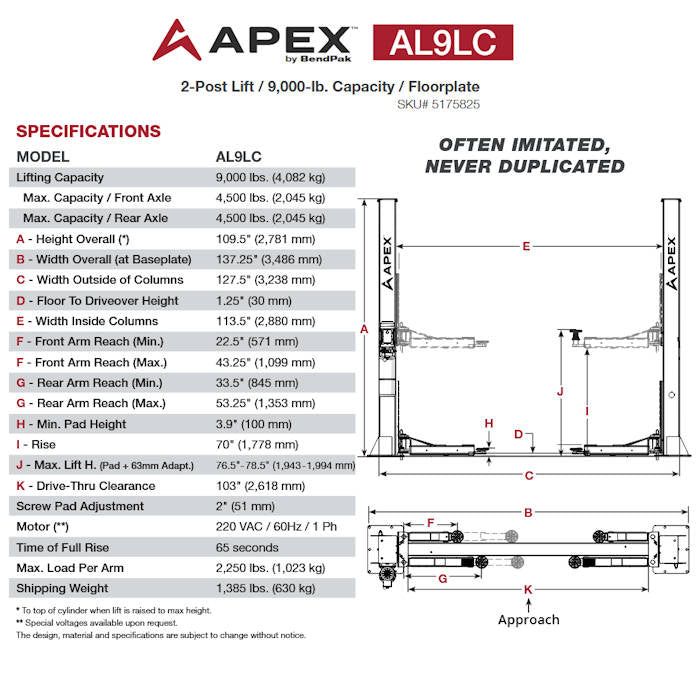 APEX AL9LC Floorplate Two Post Car Lift