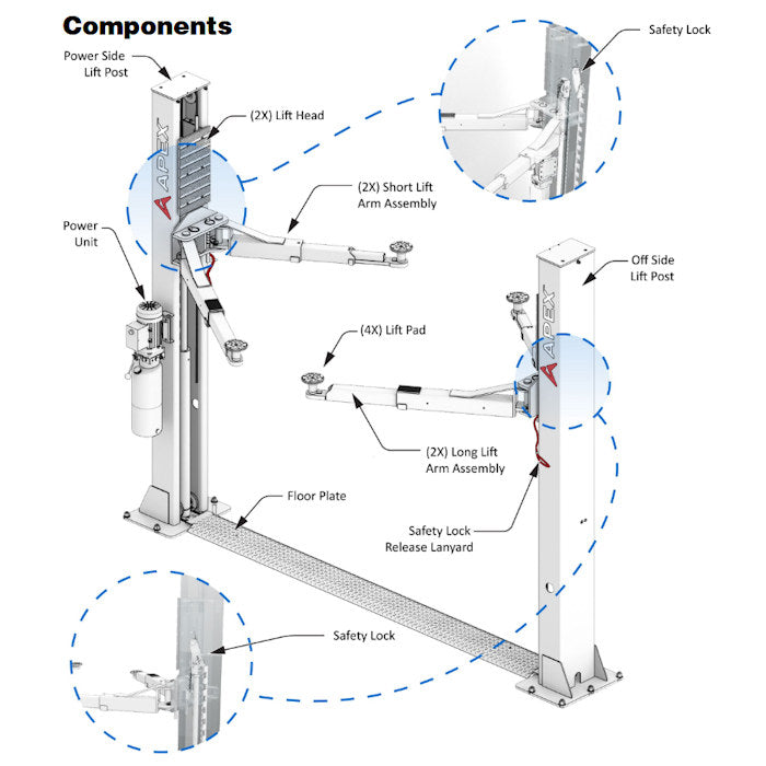 APEX AL9LC Floorplate Two Post Car Lift