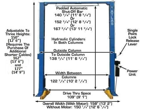 Atlas PV10PX Adjustable Overhead Two Post Lift