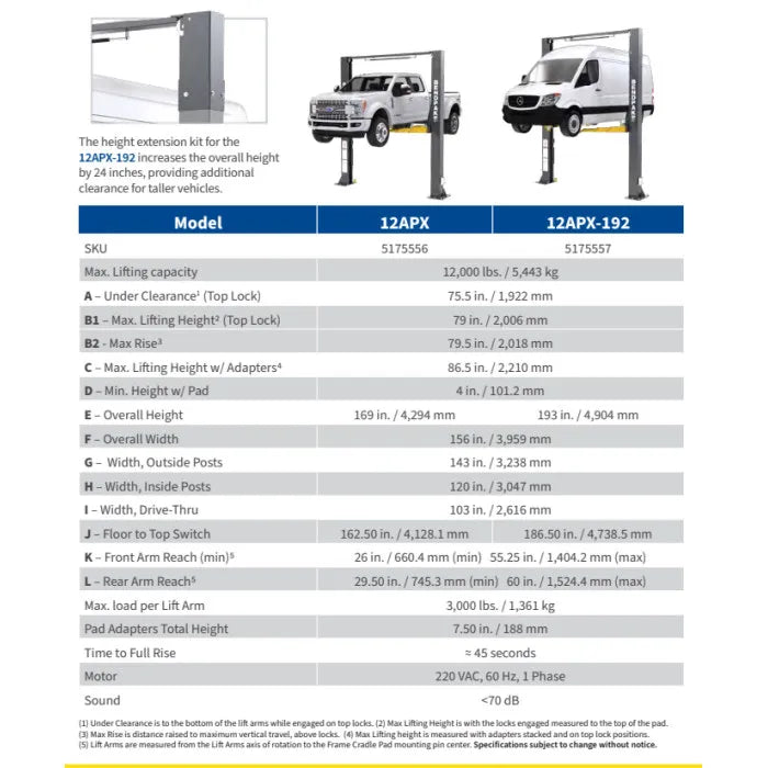 BendPak 12APX-192 Clearfloor Extra Tall Two Post Lift