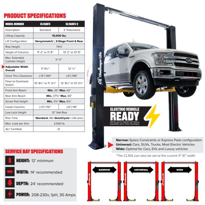 Challenger Lifts CL10A-XP9 Adjustable Two Post Express Pad Lift
