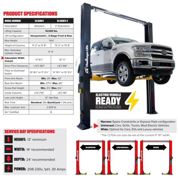 Challenger Lifts CL10AV3-QC Versymmetric Adjustable Two Post Lift