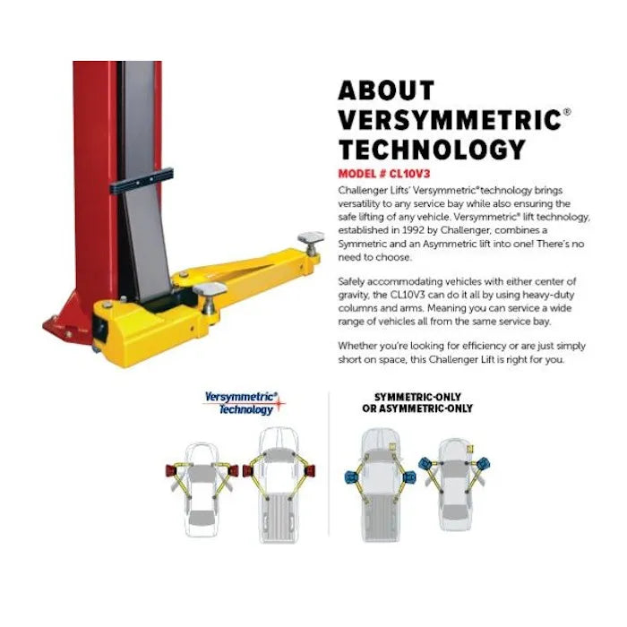 Challenger Lifts CL10AV3 Versymmetric Adjustable Two Post Lift