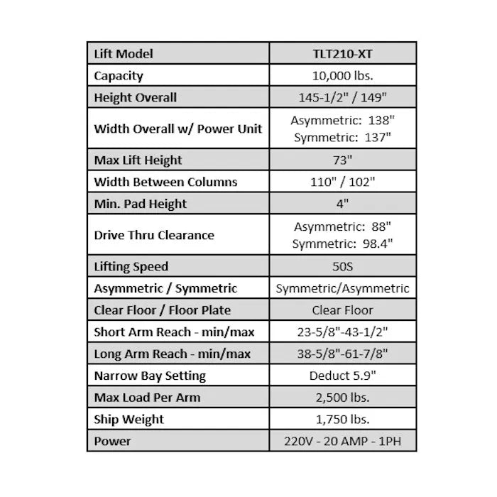 Launch Tech USA TLT210-XT Two Post Auto Lift