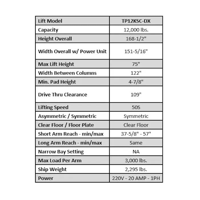 iDEAL TP12KSC-DX Heavy-Duty Two Post Lift