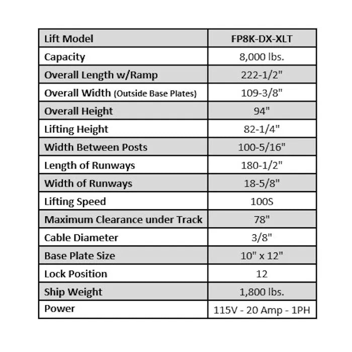 Tuxedo FP8K-DX-XLT Extended Four Post Auto Lift
