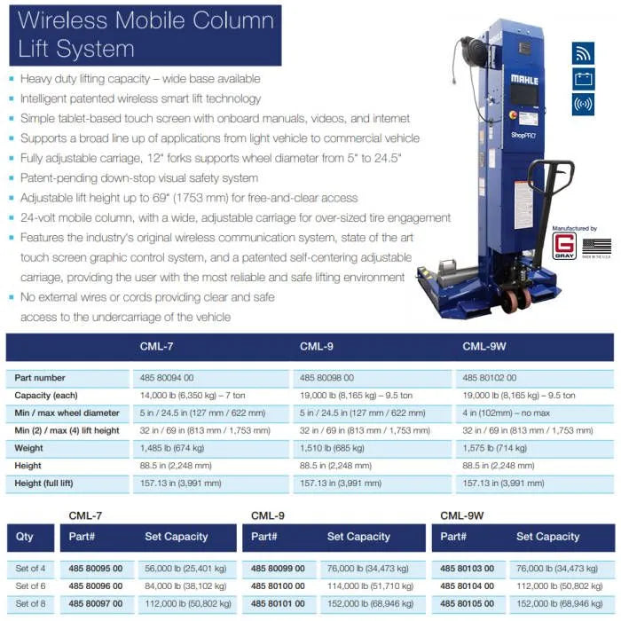 MAHLE ShopPRO CML-9 Wireless Mobile Column Lifts Set of 6