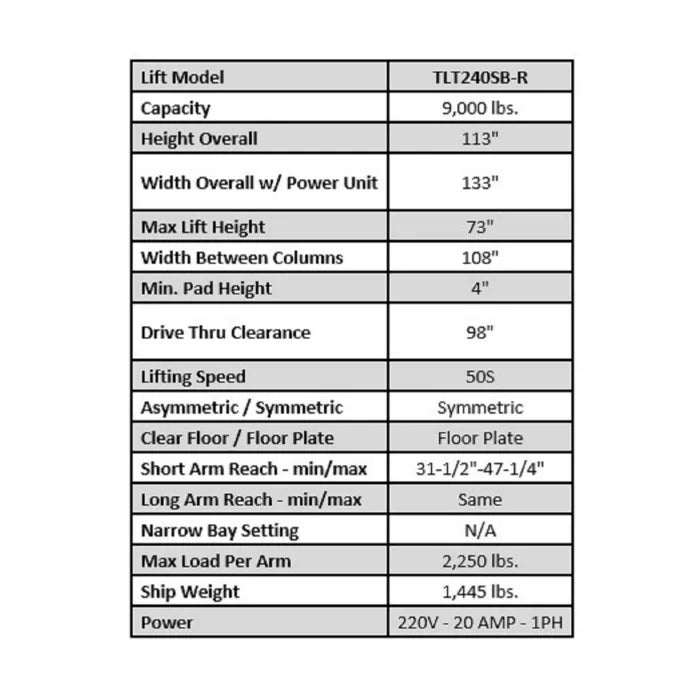 Launch Tech USA TLT240SB Baseplate Two Post Hoist