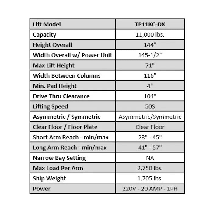 Tuxedo TP11KC-DX Bi-Symmetric Two Post Lift