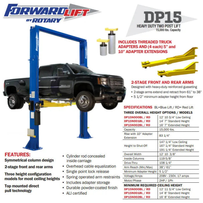Forward Lift DP15N002 199" Two Post Lift 15,000 lbs. Capacity