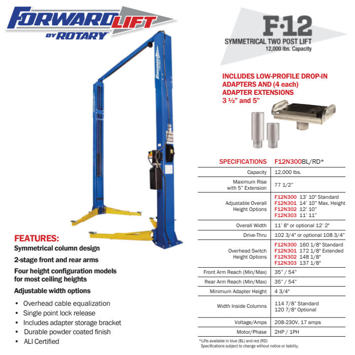 Forward Lift F12N300 166" Two Post Lift 12,000 lbs. Capacity
