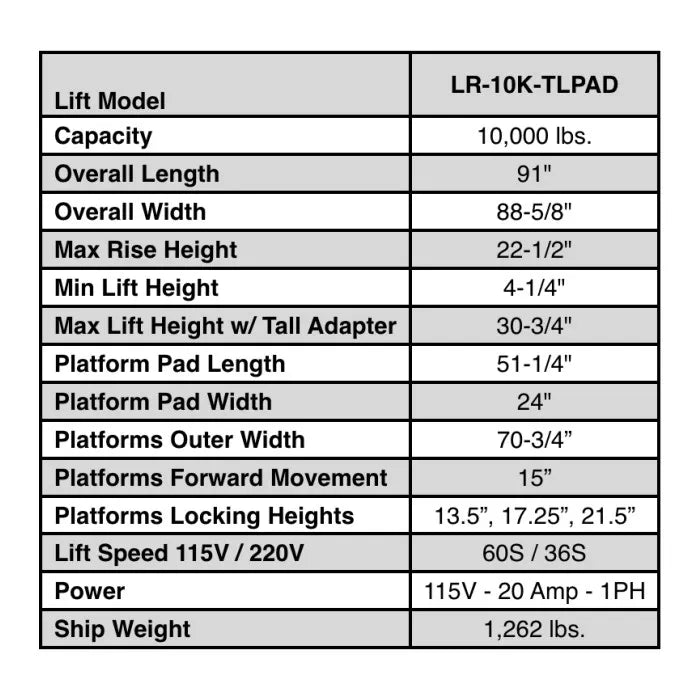 iDEAL LR-10K-TLPAD Low-Rise Commercial Pad Lift
